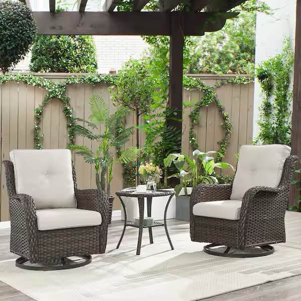 ArcoBay 3-Piece Brown Wicker Swivel Outdoor Rocking Chairs Patio Conversation Set with Olefin Navy not Beige Cushions (Box 1 of 2 Only)