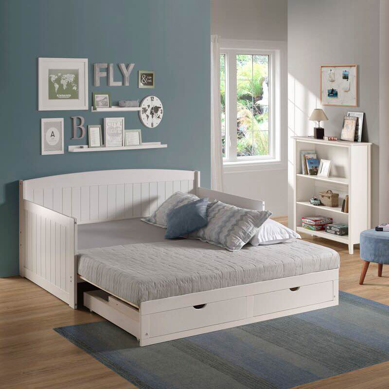 Beckett Furniture Harmony Wood Daybed, Single, White Brazilian Pine Trundle Bed for Sleepovers with Kids, 2 Pull-Out Drawers, 440 lbs Weight Capacity, Twin-Size Bed, Modern, Sturdy, Durable