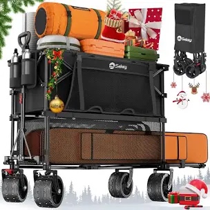 Sekey 400L Double Decker Beach Wagon 50''L Extra-Long Extended Shelf, Collapsible Wagon Cart with 500lbs Capacity, Heavy Duty Folding Wagon All-Terrain Wheels for Camping, Sports, Garden. Blue&Black