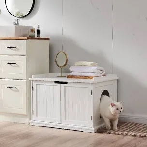 unipaws Cat Litter Box Enclosure Furniture, Cat Washroom, Hidden Litter Box Cover, Cabinet for Large Cat, Dog Proof Cat Litter Boxes, Hideaway Litter Box, Cat House, White