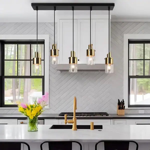 Modern 5-Light Black Gold Linear Chandelier Kitchen Island Pendant Light for Dining Room - 28" L x 4" W x 65.5" H