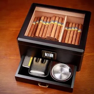 Woodronic Cigar Humidor for 50 Cigars, Boveda Packs and Holder, Accessory Drawer, Digital Hygrometer