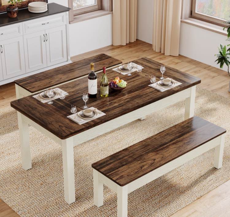 55" Dining Table Set, 3 Pieces Wood Kitchen Table with 2 Benches