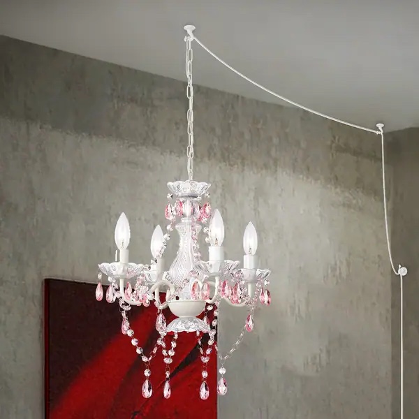 Plug In Chandelier Modern White and Pink Crystal Chandelier 4-Light - White and Pink