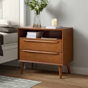 Audell Midcentury Modern 2 - Drawer Nightstand with Built-In Outlets And Tapered Rubber Wood Legs