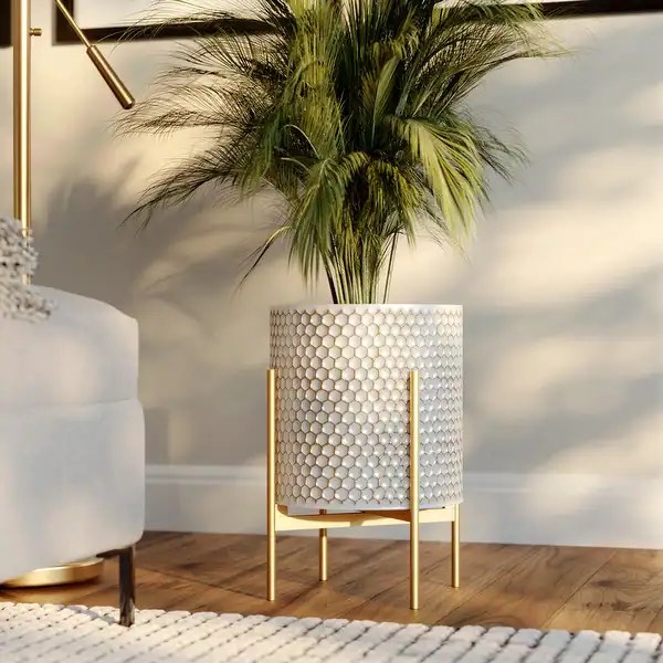 Honeycomb Mid-Century Modern Indoor Metal Pot Planter with 4-Leg Metal Base - 18" H x 13.75" W - Multi
