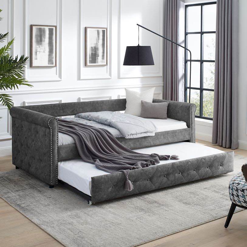 Daybed w/ Trundle Upholstered Tufted Sofa Bed, Both Twin Size, Grey