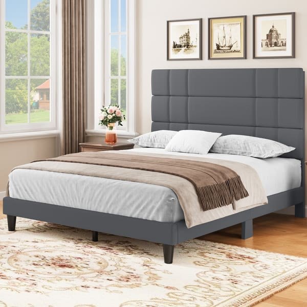 Moasis Queen Linen Upholstered Headboard Frame Platform Bed Grey Queen