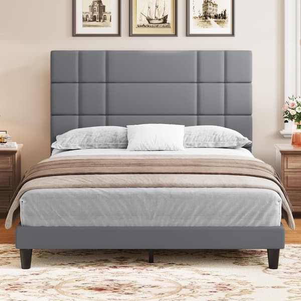 Moasis Queen Linen Upholstered Headboard Frame Platform Bed Grey Queen