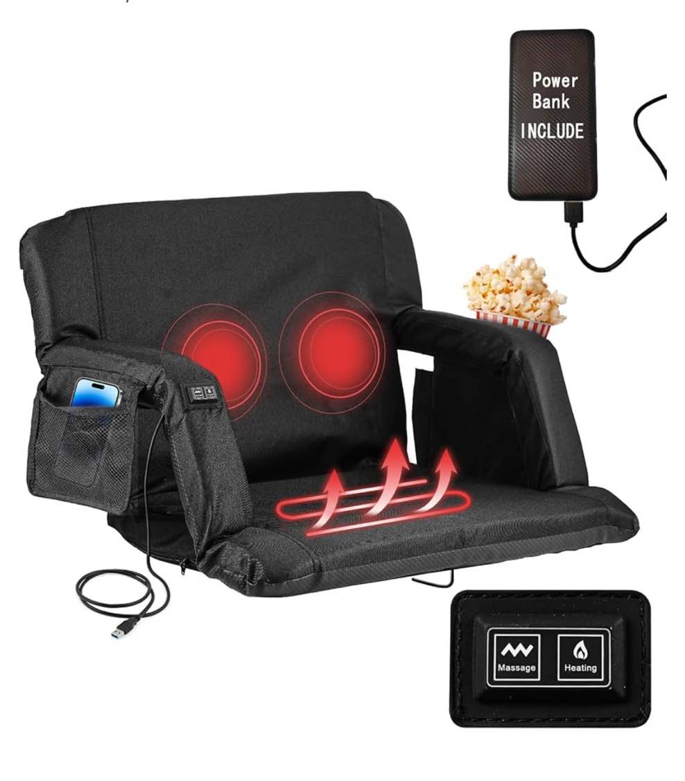 Heated Massage Stadium Seats, 25 Inch Folding Bleacher Chair 3 Levels of Heat & 6 Massage, 6 Reclining Positions for Indoor Stadiums, Baseball Stadiums