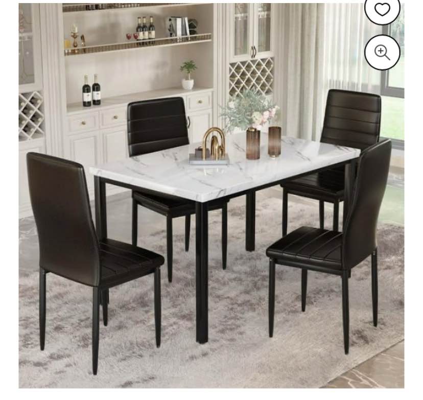 Lamerge 5 Piece Dining Table Set for 4, Faux Marble Kitchen Table with 4 PU Leather Chairs, Modern 4 Person Dining Room Sets for Small Space, Living Room, Apartment, White+Black A009-BH4-L