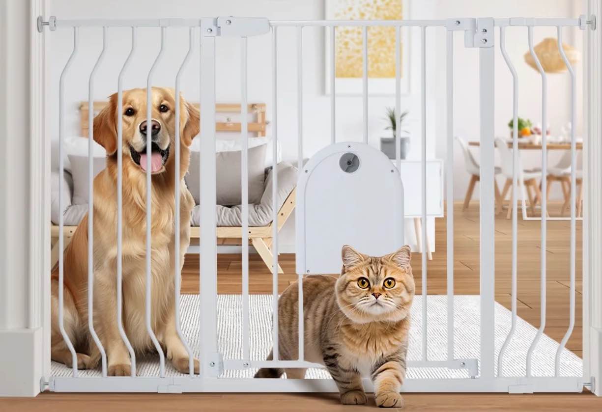 Pet Gate with Cat Door, Pressure Mount, Safety Gate Gift,White,30" Tall and Adjustable 29.5-48.4" Wide