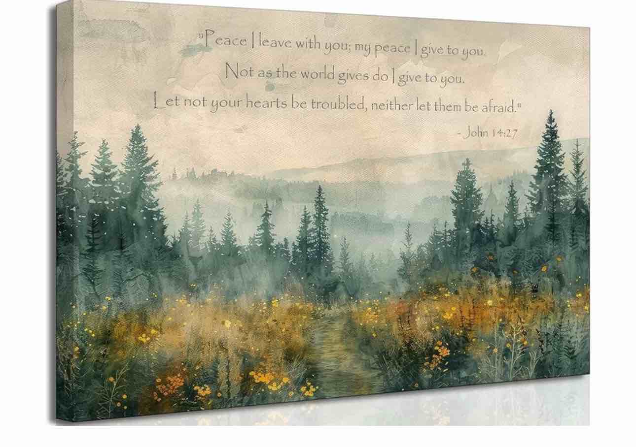 Christian Bible Canvas Wall art Scripture John14:27 Vintage Forest Pathway Landscape Watercolor Painting Picture Wall Decor Poster Print Artwork for Living Room Bedroom Home Decoration (Canvas, 16x24in)