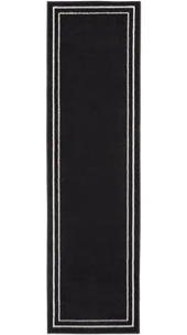 Nourison Essentials Indoor/Outdoor Solid Bordered Black Ivory 2'2" x 7'6 Area Rug, Easy Cleaning, Non Shedding, Bed Room, Living Room, Dining Room, Backyard, Deck, Patio (2x8)