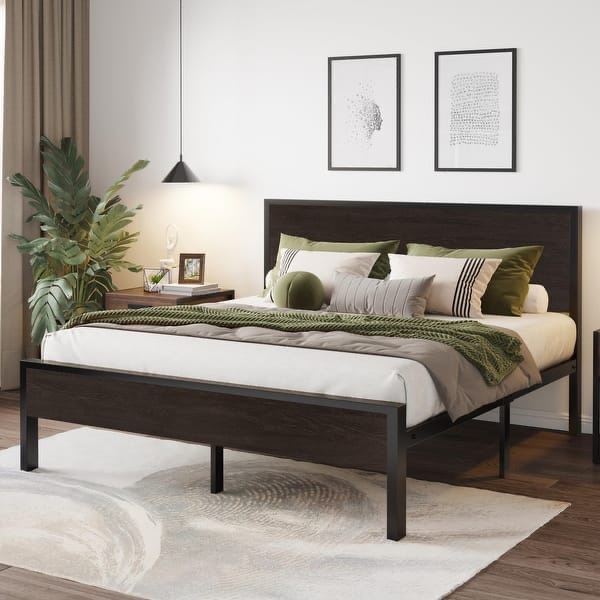Queen Bed Frame with Headboard, Heavy Duty Platform Bed with Under-Bed Storage, Solid Metal Construction, No Box Spring Needed