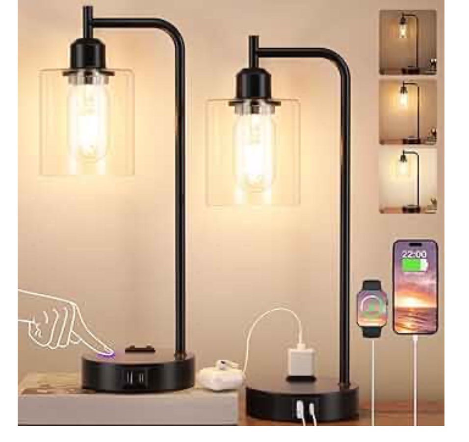 Industrial Touch Table Lamps for Bedrooms Set of 2 - 3-Way Dimmable Nightstand Lamps with USB C+A Ports and Outlet, Black Bedside Lamps with Glass Shade for Living Room, Desk Lamps for Home Office