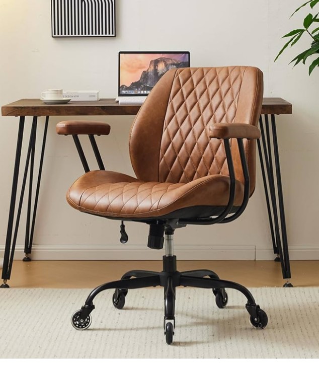 Home Office Desk Chair Office Rubber Chair Casters Ergonomic Computer Chair with Lumbar Support Adjustable Height Rolling Swivel Chair Executive Task Armrests Chair Brown Leather