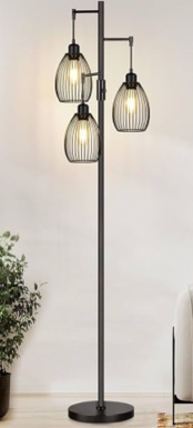Dimmable Floor Lamp, 3 x 800LM LED Edison Bulbs Included, Farmhouse Industrial Floor Lamp Standing Tree Lamp with Elegant Teardrop Cage Tall Lamps for Living Room Bedroom Office Dining Room-Black