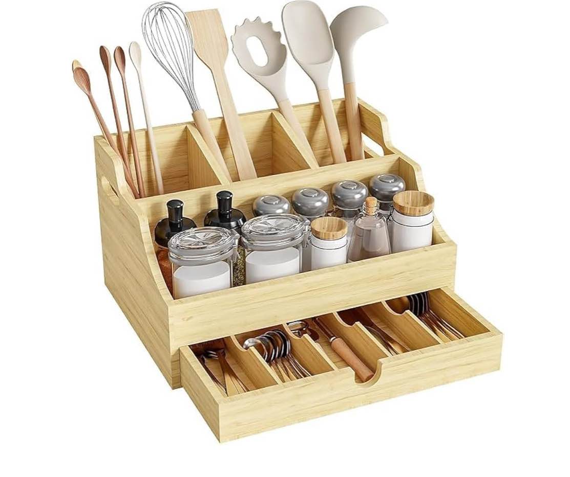 Fine Silverware Storage Box with Pull Out Drawer, 13.1" x 9.76", Large Kitchen Counter Organizer for Flatware and Utensils, Decorative Home Decor Tarnish-Free