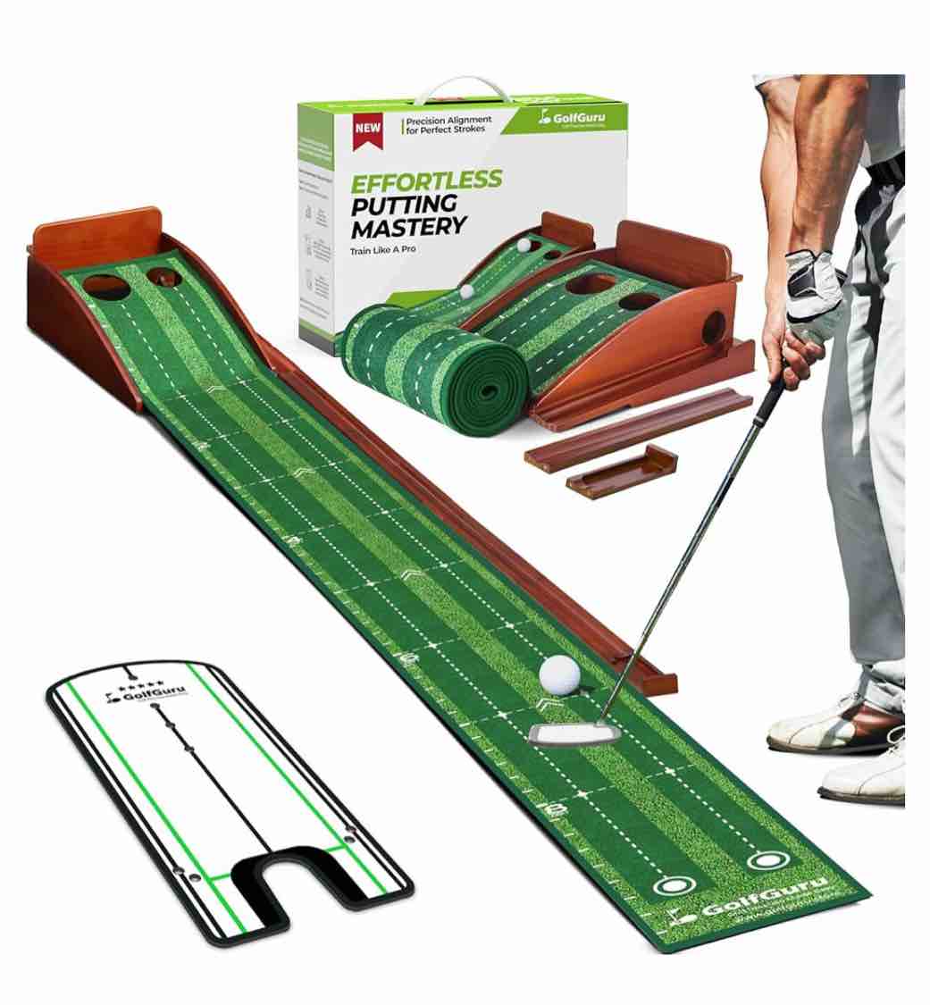 Putting Green, 9.8ft Golf Putting Mat with Automatic Ball Return Track & Putting Mirror, Indoor Putting Greens for Home with Thickened Wrinkle-Free Crystal Velvet, Golf Accessories for Men