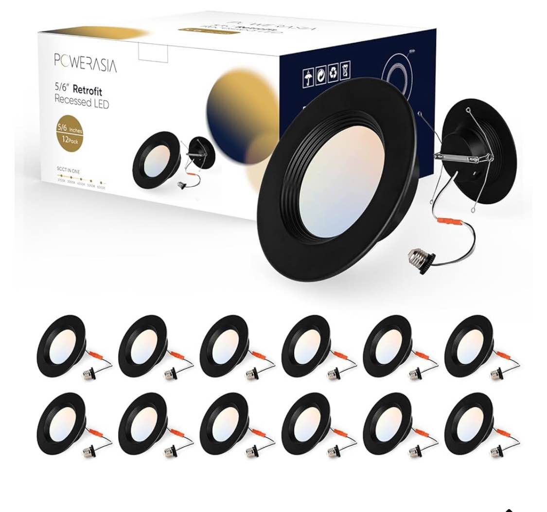 12 Pack 5/6 Inch Black LED Can Lights Retrofit Recessed Lighting, 5CCT 6 Inch Recessed Lights Selectable 2700K-6000K Dimmable, 12W=75W, 1200LM Downlight with Metal Smooth Trim-ETL and Energy Star