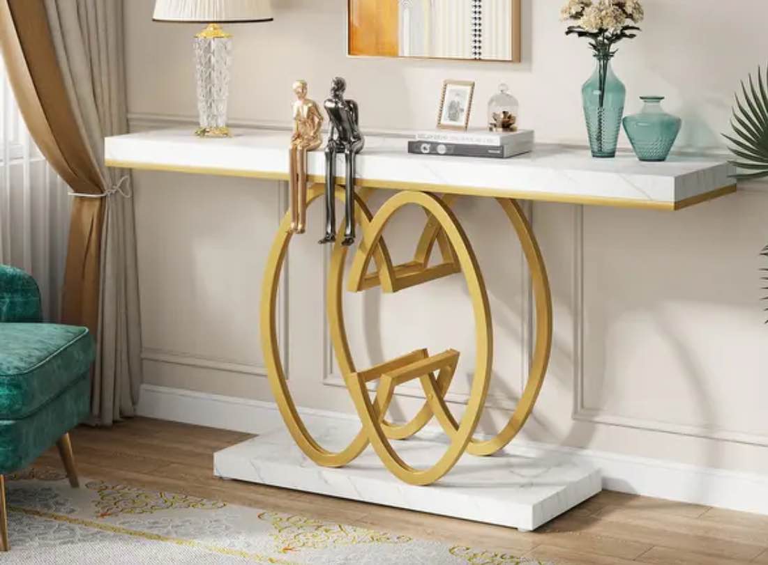 55 Inch Faux Marble Console Table Gold Sofa Table for Entryway - White & Gold