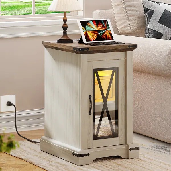 Moasis Farmhouse LED Light End Table with Charging Station, Chairside Sofa Side Table with Storage - Brown