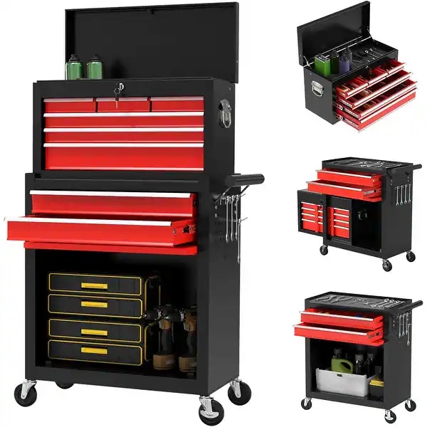 8-Drawer Rolling Tool Storage Cabinet with Detachable Top Tool Box - Red/Black