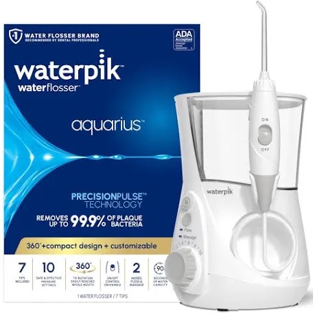 Waterpik Aquarius Water Flosser Professional For Teeth, Gums, Braces, Dental Care, Electric Power With 10 Settings, 7 Tips For Multiple Users And Needs, ADA Accepted, White WP-660, Packaging May Vary
