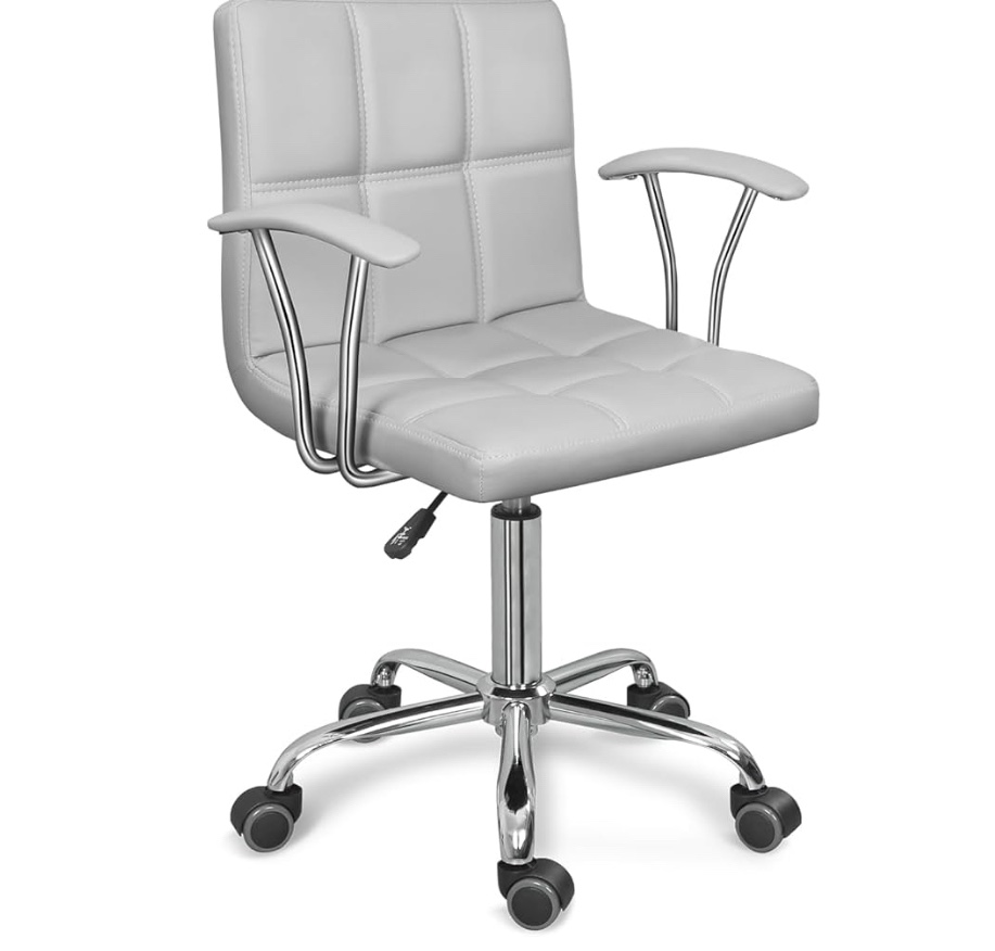 Home Office Desk Chair with Armrest and Wheels, Modern PU Leather Mid-Back Office Task Chair, Height Adjustable Swivel Computer Chairs for Home Office, Light Grey