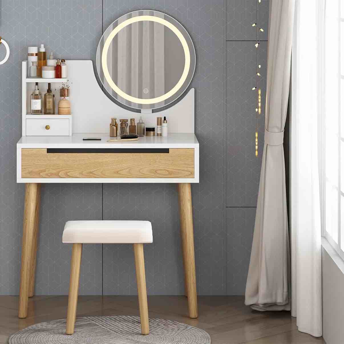 GARVEE 31.5" Vanity Desk with Stool, Makeup Table with 2 Drawers, Makeup Vanity Desk with Touch Light Mirror- White