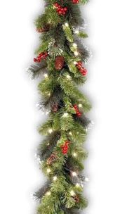 National Tree Company Pre-Lit Artificial Christmas Garland, Green, Crestwood Spruce, White Lights, Decorated with Glitter, Pinecones, Berry Clusters, Battery Operated, Christmas Collection, 9 Feet