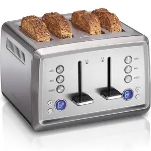 Hamilton Beach 4 Slice Toaster with Extra-Wide Slots, Bagel Setting, Toast Boost, Slide-Out Crumb Tray, Auto-Shutoff & Cancel Button, Digital with Defrost Function, Stainless Steel (24796)