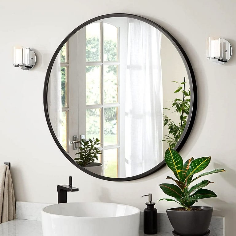 32 inch Round Bathroom Mirror, Black Round Mirror with Metal Frame, Modern Home Decor
