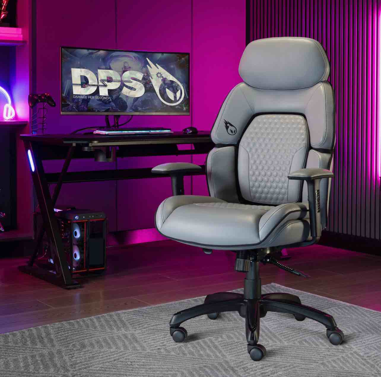 DPS Centurion Gaming Chair, Adjustable Headrest, Upholstered, Multi-Position New /Torn Upholstery on Back of Chair & Seat