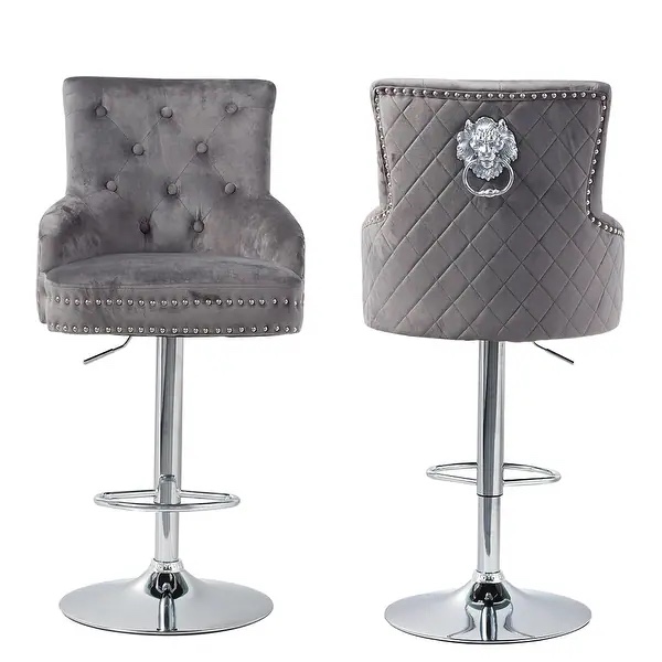 Tufted Velvet Barstool Adjustable Lift with Lion Knocker High Back - 20" L x 20" W x 50" H - Grey
