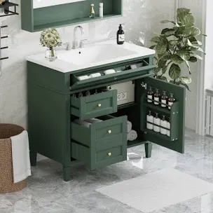 36" Bathroom Vanity with Single Sink Combo, Modern Undermount Bathroom Sink Cabinet with 2 Drawers and a Tip-Out Drawer, Freestanding Bathroom Vanities, Soft Closing, Solid Wood Frame green 