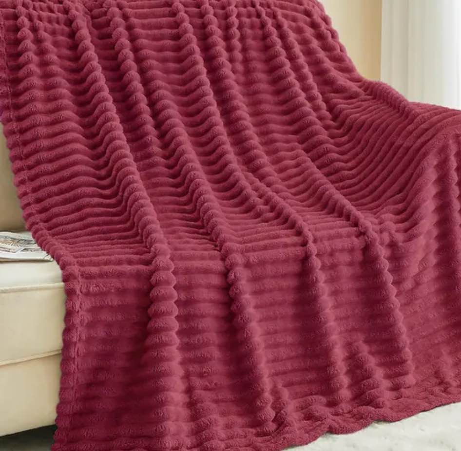 Burgundy Soft Plush Cozy Warm Fleece Ribbed Striped Textured Bed Throw Blanket