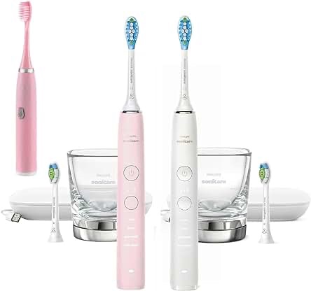 Philips Sonicare DiamondClean 9000 Connected Rechargeable Electric Power Toothbrush, 2-Pack, Pink + White - Bluetooth, 3 Intensities, 2 Weeks Operating time, Charging Travel Case