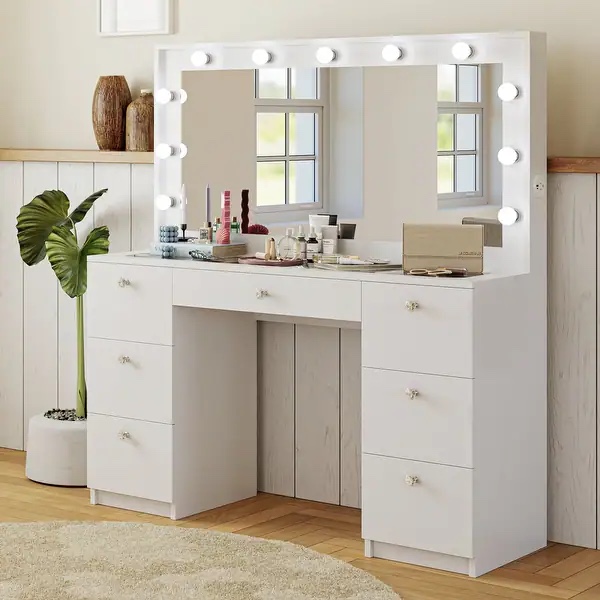 Boahaus Vanity Desk Glass Top with 7 Drawers & Lights Crystal knobs - White/ Box 2/2 Only