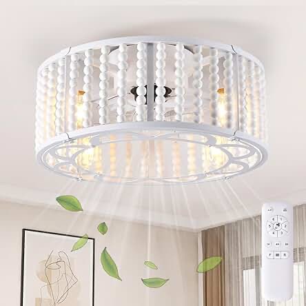 Ceiling Fans with Lights and Remote, Caged Ceiling Fan with Handcrafted Beaded Décor 6 Speeds Reversible 19 inches Bulbs Included for Flush Mount Ceiling, Off-White