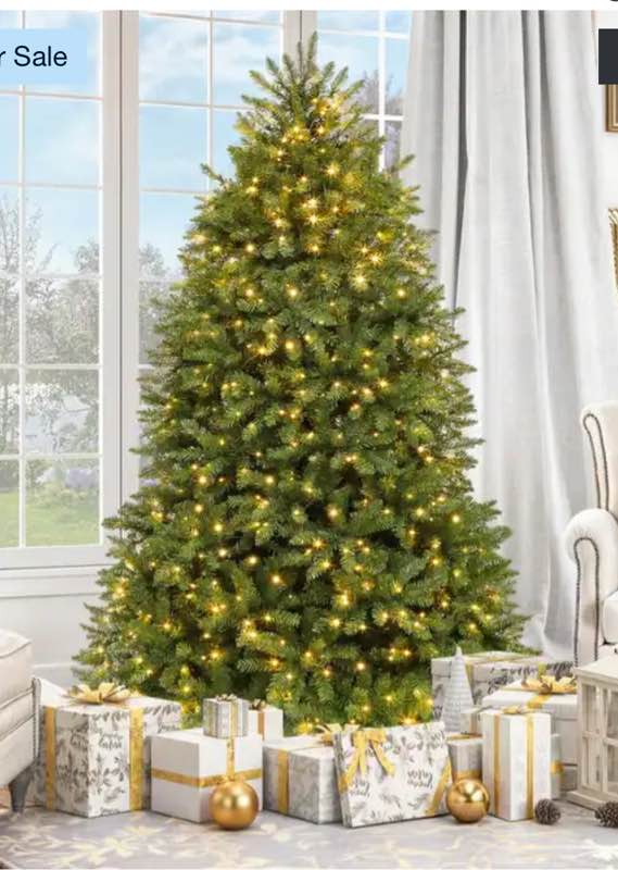 Moasis Artificial Full Christmas Tree, 7.5ft Pre-Lit Christmas Tree with 8 Light-Modes, Includes Stand, Green Bell
