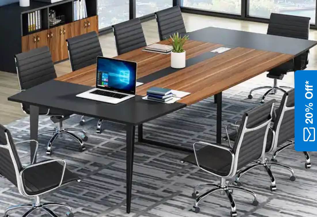 8FT Conference Table,Boat Shaped Meeting Table with Rectangle Grommet - Brown