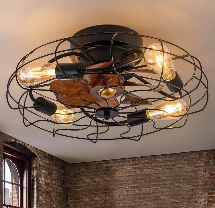 DIDER 21" Low Profile Caged Ceiling Fan with Lights Remote Control, Include Bulbs, Farmhouse Bladeless Small Industrial Black Ceiling Light Fixture for Bedroom