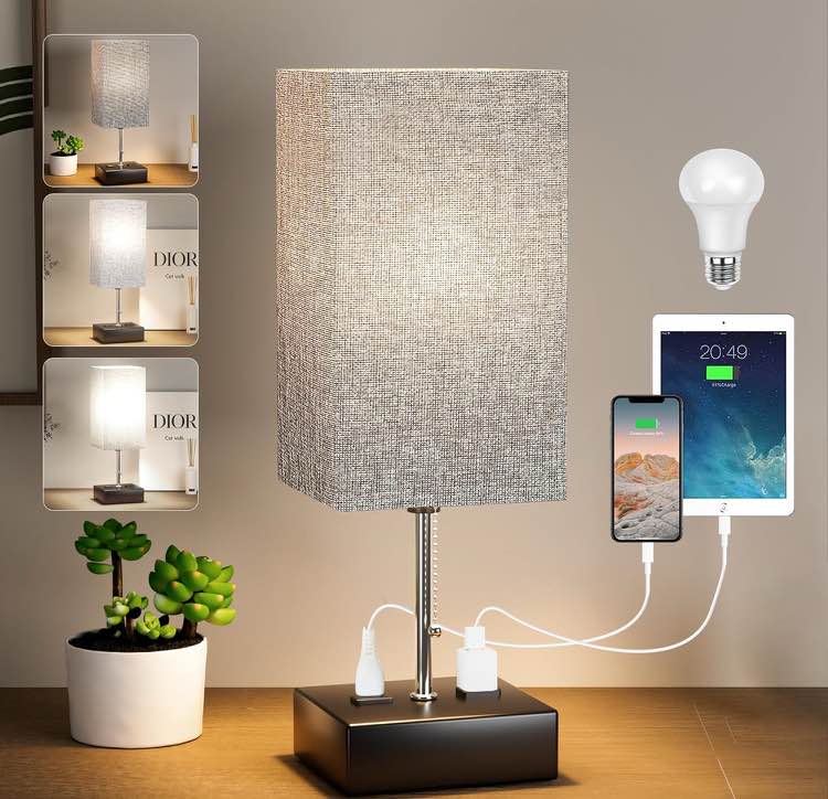WIHTU 3 Color Temperature Bedside Lamp with USB C and USB A Ports Grey Table Lamps for Bedroom Nightstand Small Lamps Bed Lamp Desk Lamps by Pull Chain (Bulb Included)