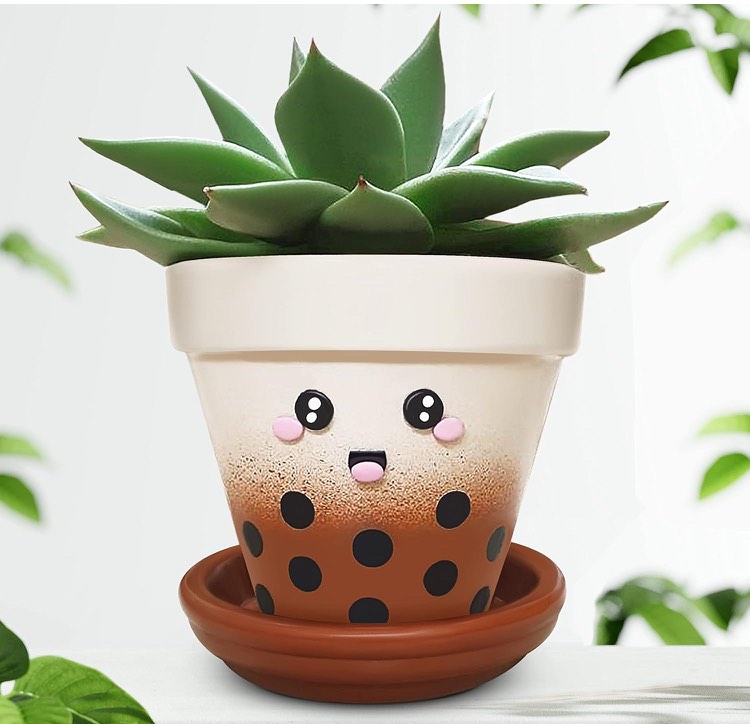Boba Design Cute Planters - Small Plant Pot with Drainage & Saucer - Funny Plant Pots - 4 Inch Small Planter Flower Pot for Indoor, Outdoor, Office & House Plants - Brown Cute Plant Pots