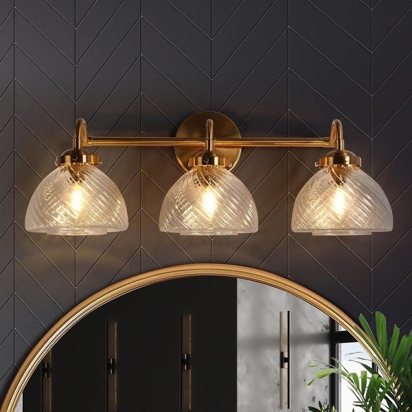 Draki Mid-century Modern Gold Unique Bathroom Vanity Lights Dome Glass Crooked Vintage Armed Wall Sconce - 3-Light 25.5"W - Plating Brass
