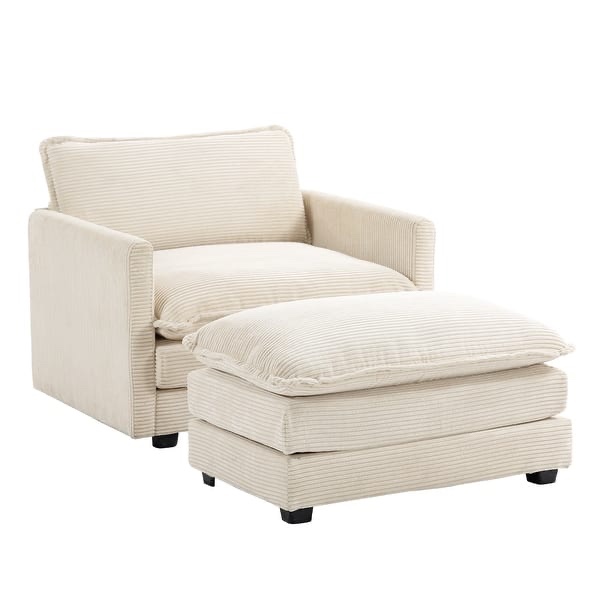 Corduroy Single Sofa Chair, including a Removable Ottoman - Beige