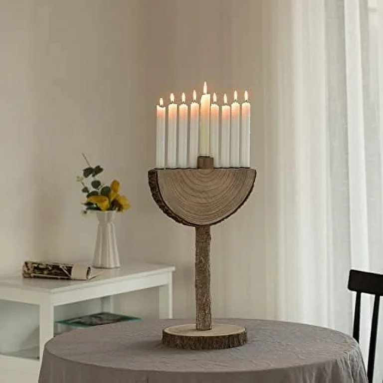 Nine Branch Vintage Handmade Wooden Hanukkah Menorah for Home, Synagogue and Shul
