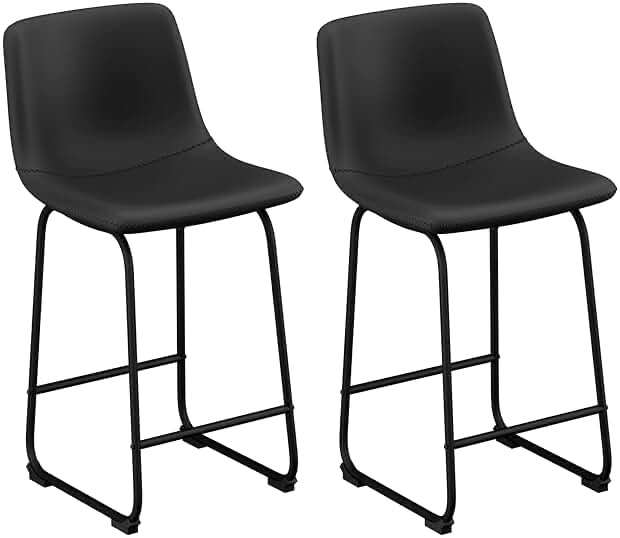 Aowos Bar Stools Set of 2, Modern Counter Height Bar Stools with Back, 26inch Faux Leather Bar Stools with Metal Legs and Footrest, Urban Armless Dining Chairs for Kitchens Island Black